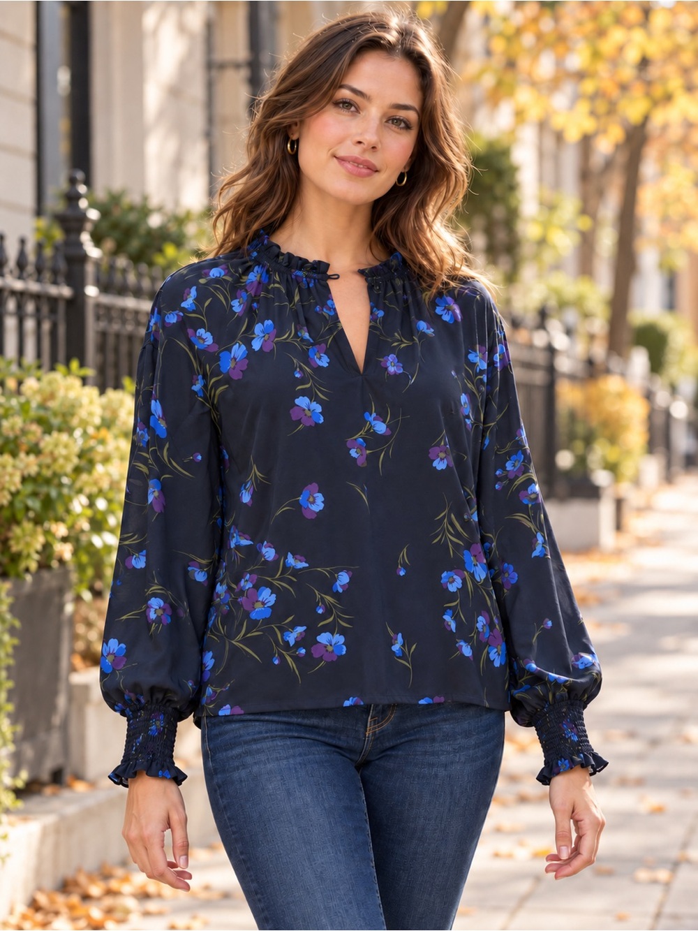 Sugarlips Torun Floral Split Neck Blouse Navy Purple Size Large NWT